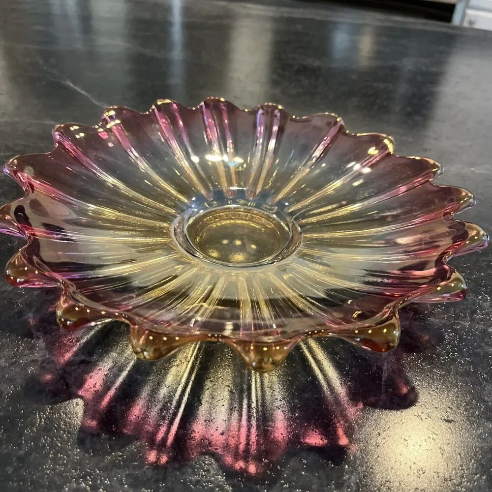 Vintage Federal Glass Celestial Sunburst Flower Plate In Iridescent Gem Tone